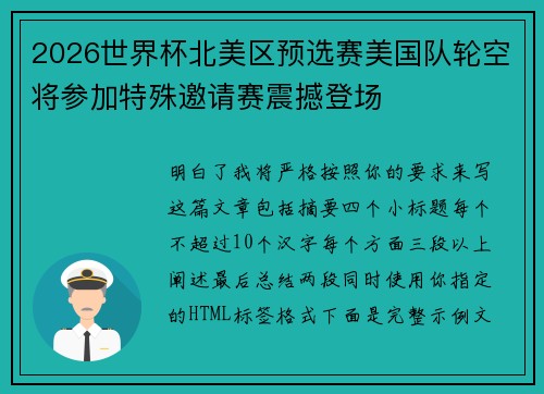 2026世界杯北美区预选赛美国队轮空将参加特殊邀请赛震撼登场 2026世界杯北美区预选赛美国队轮空将参加特殊邀请赛震撼登场