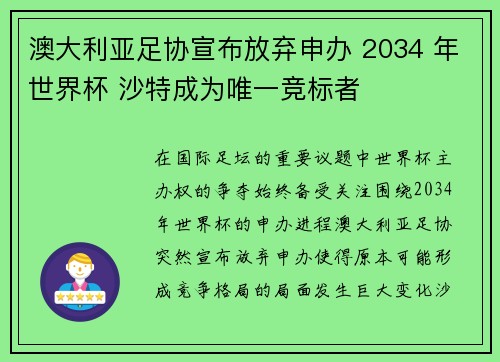 澳大利亚足协宣布放弃申办 2034 年世界杯 沙特成为唯一竞标者